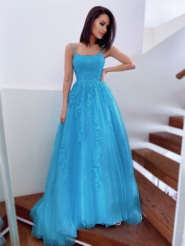 A-Line/Princess Spaghetti Straps Tulle Sleeveless Applique Sweep/Brush Train Dresses Party Dresses Formal Dresses