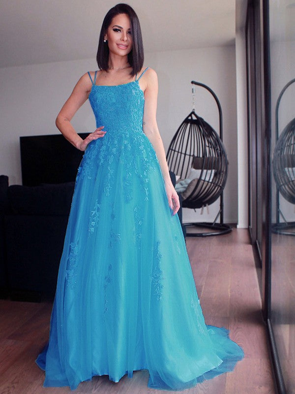 A-Line/Princess Spaghetti Straps Tulle Sleeveless Applique Sweep/Brush Train Dresses Party Dresses Formal Dresses