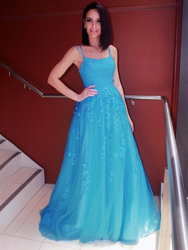 A-Line/Princess Spaghetti Straps Tulle Sleeveless Applique Sweep/Brush Train Dresses Party Dresses Formal Dresses