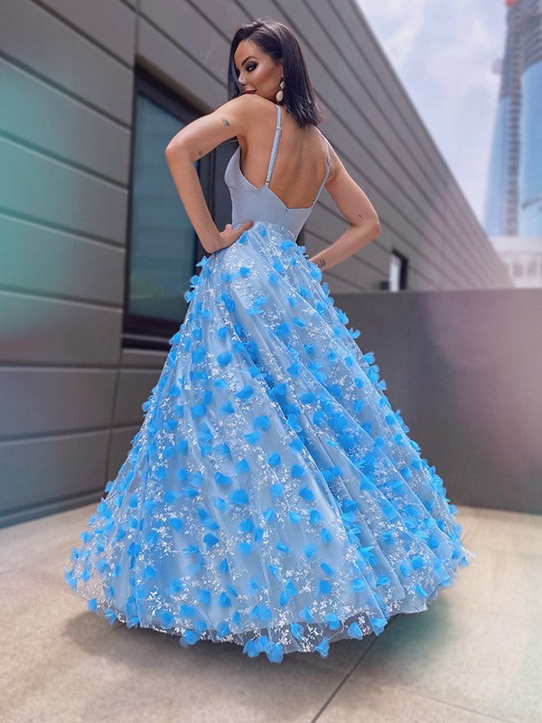 A-Line/Princess V-neck Tulle Applique Floor-Length Sleeveless Party Dresses Formal Dresses