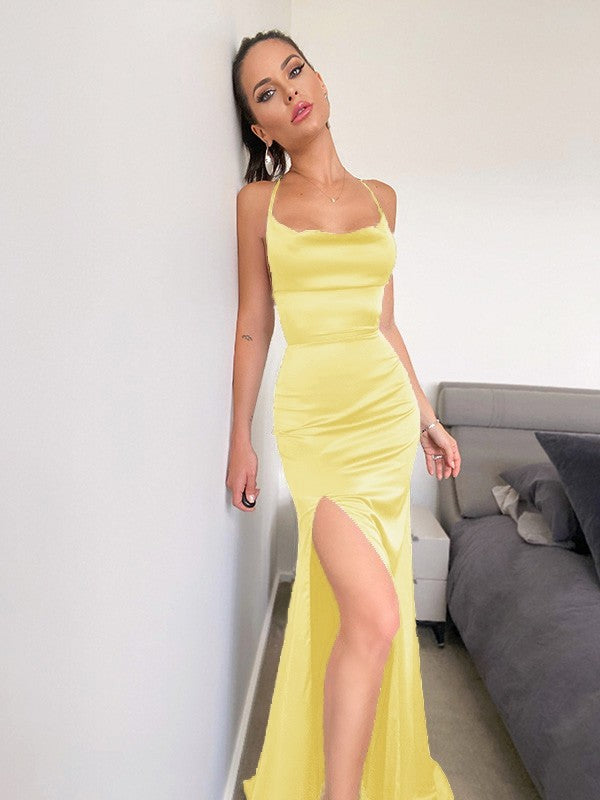 Sheath/Column NS Elastic Woven Satin Ruched Sleeveless Halter Sweep/Brush Train Dresses Party Dresses Formal Dresses