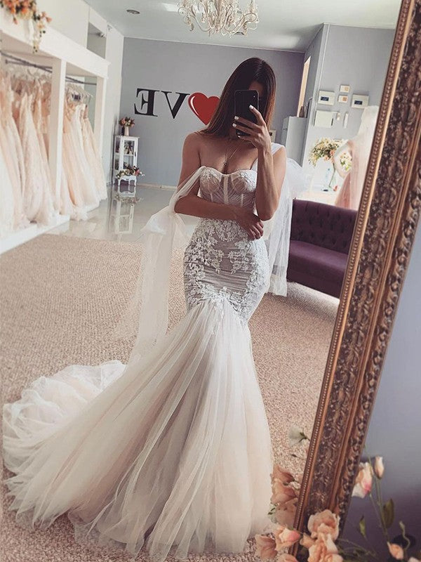 Trumpet/Mermaid Tulle Straps Applique Sleeveless Cathedral Train Wedding Dresses