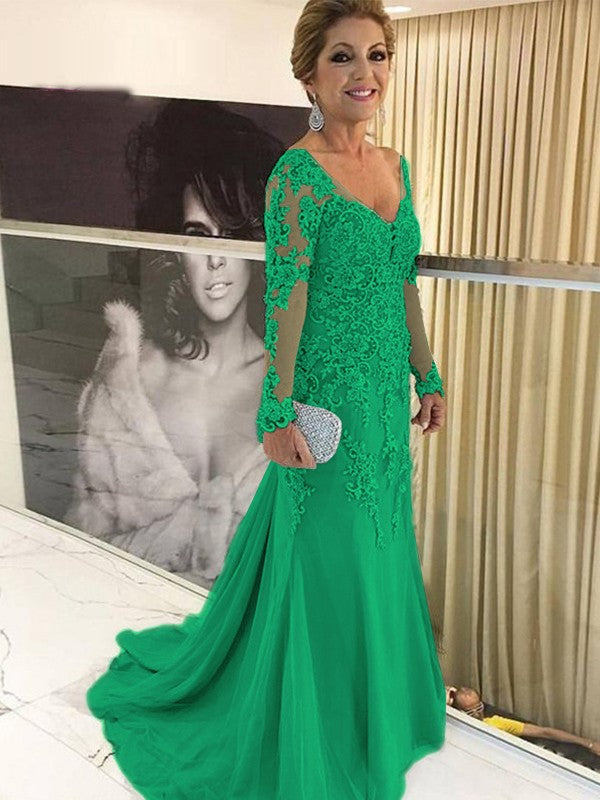 A Line Sheath/Column Tulle Applique V-neck Long Sleeves Sweep/Brush Train Mother of the Bride Dresses