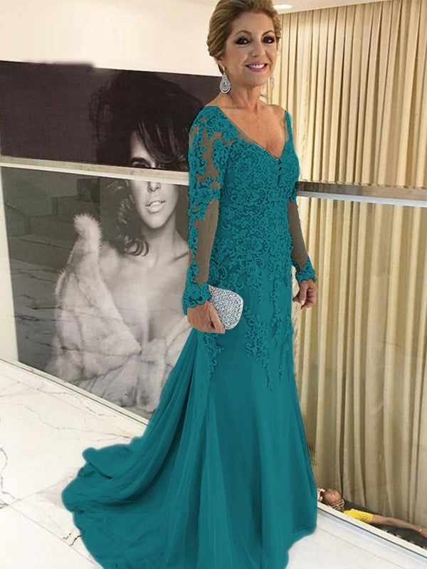 A Line Sheath/Column Tulle Applique V-neck Long Sleeves Sweep/Brush Train Mother of the Bride Dresses
