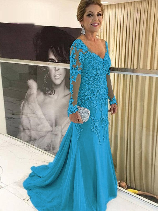 A Line Sheath/Column Tulle Applique V-neck Long Sleeves Sweep/Brush Train Mother of the Bride Dresses