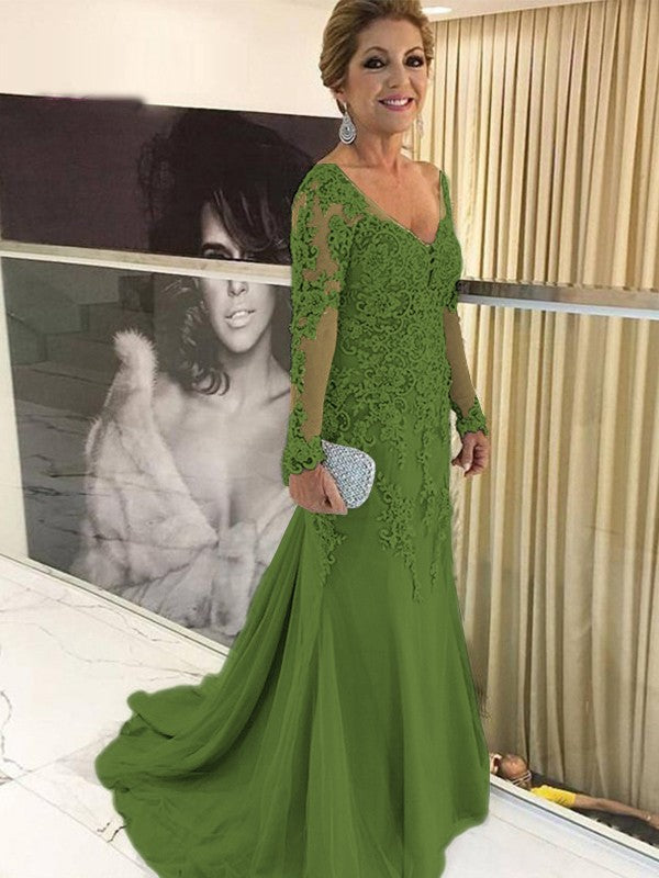 A Line Sheath/Column Tulle Applique V-neck Long Sleeves Sweep/Brush Train Mother of the Bride Dresses