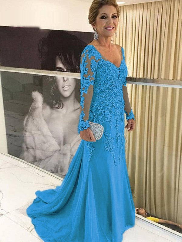 A Line Sheath/Column Tulle Applique V-neck Long Sleeves Sweep/Brush Train Mother of the Bride Dresses