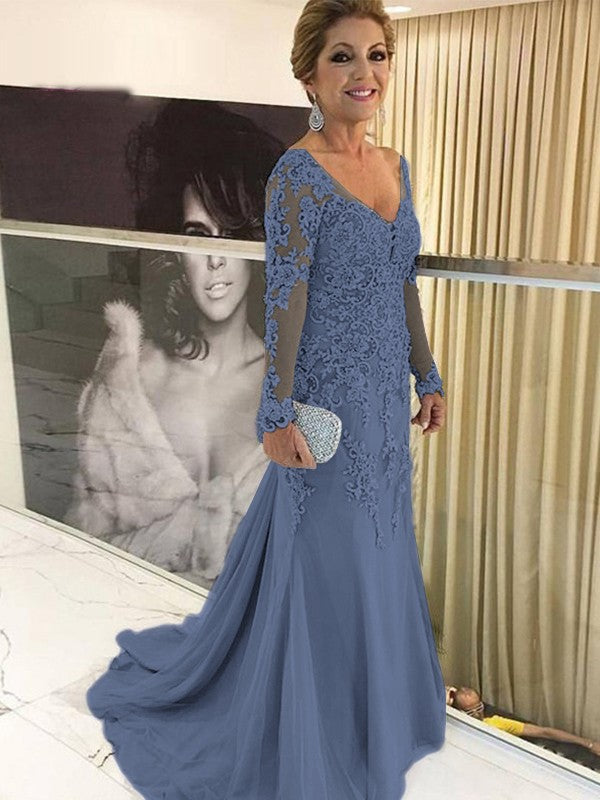 A Line Sheath/Column Tulle Applique V-neck Long Sleeves Sweep/Brush Train Mother of the Bride Dresses