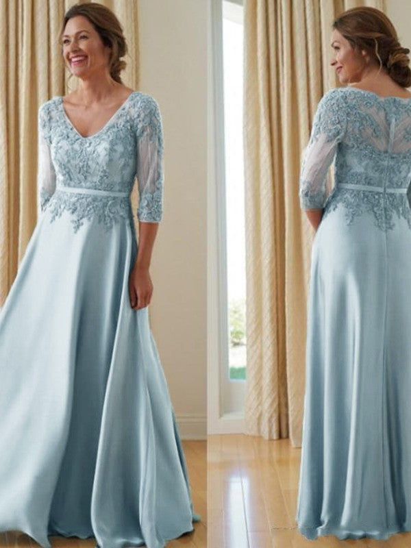 A-Line Satin Applique V-neck 3/4 Sleeves Floor-Length Mother of the Bride Dresses