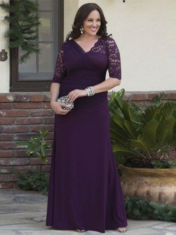 A-Line Satin Lace V-neck 1/2 Sleeves Floor-Length Mother of the Bride Dresses