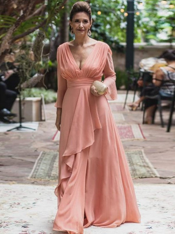 A-Line Chiffon Ruffles V-neck Long Sleeves Floor-Length Mother of the Bride Dresses