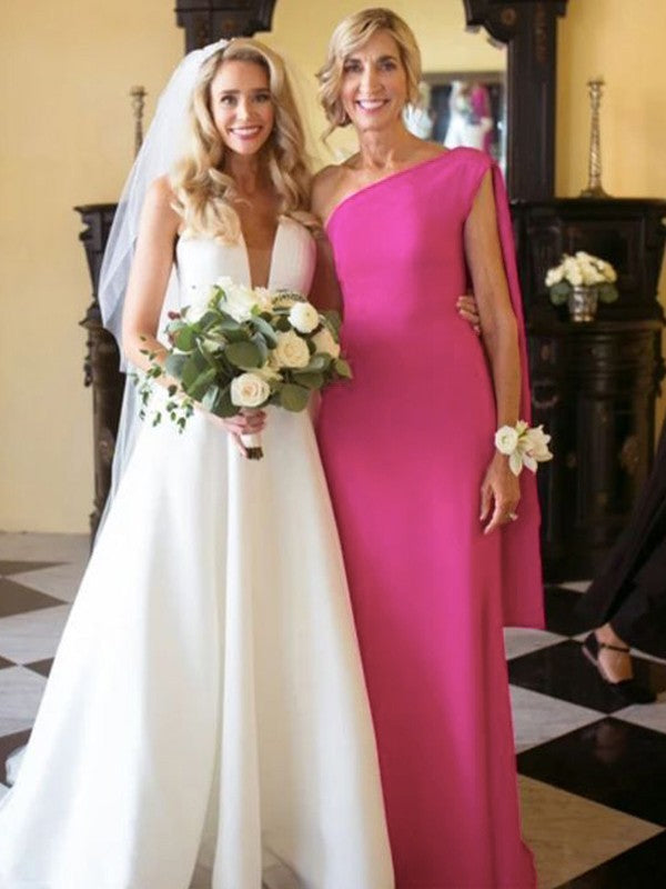 A Line Sheath/Column Stretch Crepe Ruched One-Shoulder Sleeveless Floor-Length Mother of the Bride Dresses