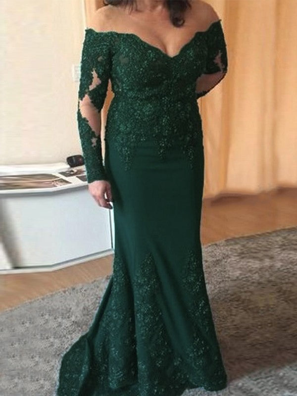 A Line Sheath/Column Stretch Crepe Applique Off-the-Shoulder Long Sleeves Sweep/Brush Train Mother of the Bride Dresses