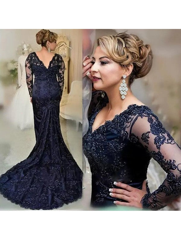 A Line Sheath/Column Lace Applique V-neck Long Sleeves Sweep/Brush Train Mother of the Bride Dresses