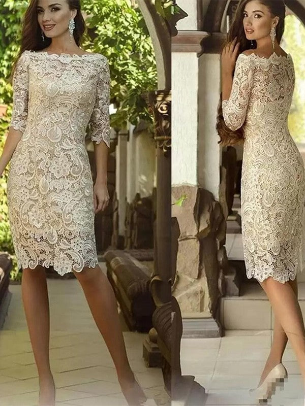 A Line Sheath/Column Lace Applique Off-the-Shoulder 3/4 Sleeves Knee-Length Mother of the Bride Dresses