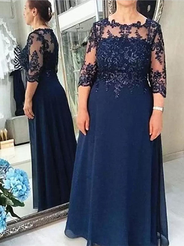 A-Line Chiffon Applique Scoop 3/4 Sleeves Floor-Length Mother of the Bride Dresses
