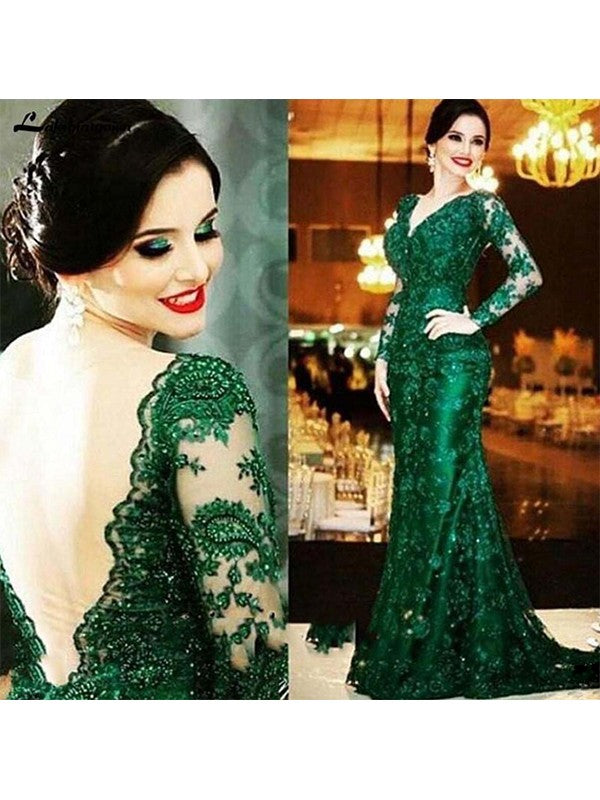 A Line Sheath/Column Tulle Applique V-neck Long Sleeves Sweep/Brush Train Mother of the Bride Dresses