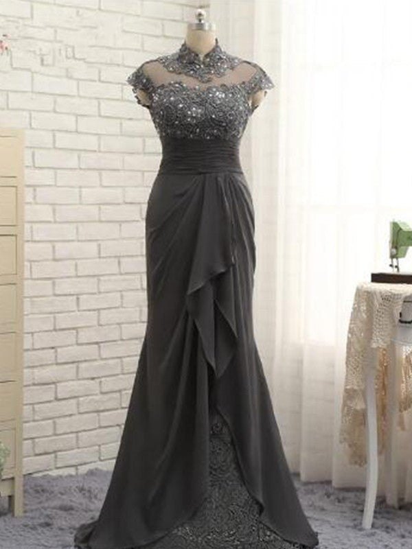 A Line Sheath/Column Chiffon Lace High Neck Short Sleeves Sweep/Brush Train Mother of the Bride Dresses