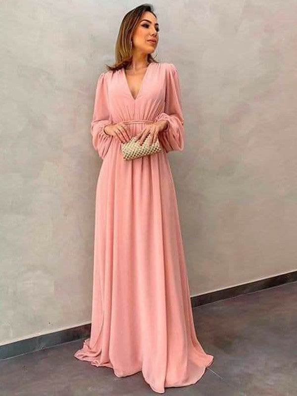 A-Line Chiffon Ruffles V-neck Long Sleeves Sweep/Brush Train Mother of the Bride Dresses