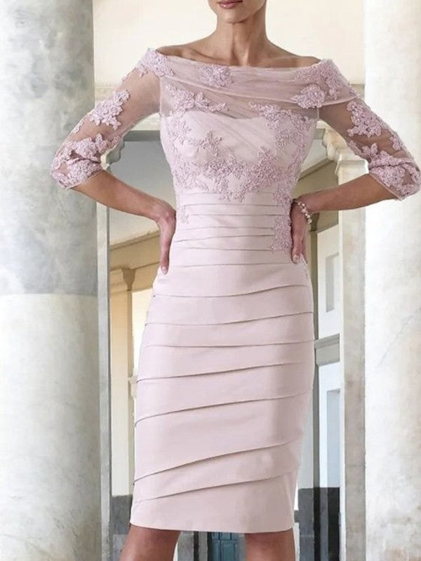 A Line Sheath/Column Satin Applique Scoop 3/4 Sleeves Knee-Length Mother of the Bride Dresses