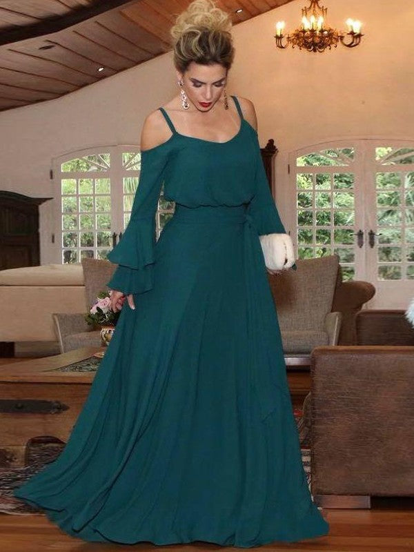 A-Line Chiffon Ruffles Square Long Sleeves Floor-Length Mother of the Bride Dresses