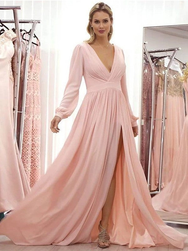 A-Line Chiffon Ruffles V-neck Long Sleeves Sweep/Brush Train Mother of the Bride Dresses