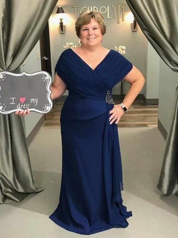 A Line Sheath/Column Chiffon Ruched V-neck Sleeveless Floor-Length Mother of the Bride Dresses