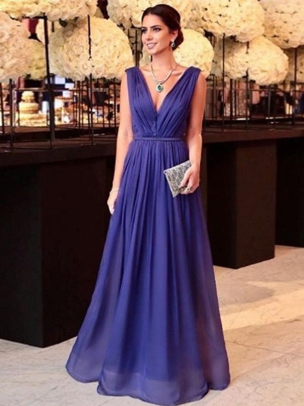 A-Line 30D Chiffon Ruffles V-neck Sleeveless Floor-Length Mother of the Bride Dresses