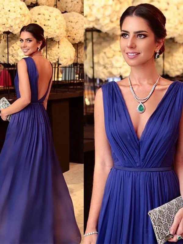 A-Line 30D Chiffon Ruffles V-neck Sleeveless Floor-Length Mother of the Bride Dresses