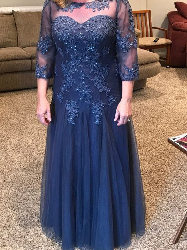 A-Line Tulle Applique Scoop 3/4 Sleeves Floor-Length Mother of the Bride Dresses