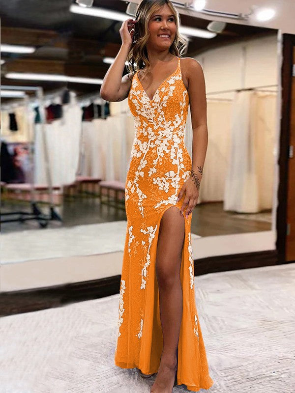 Sheath/Column Tulle Applique V-neck Sleeveless Sweep/Brush Train Dresses