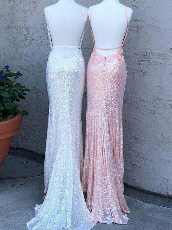 Sheath/Column Sequins Hand-Made Flower V-neck Sleeveless Sweep/Brush Train Dresses