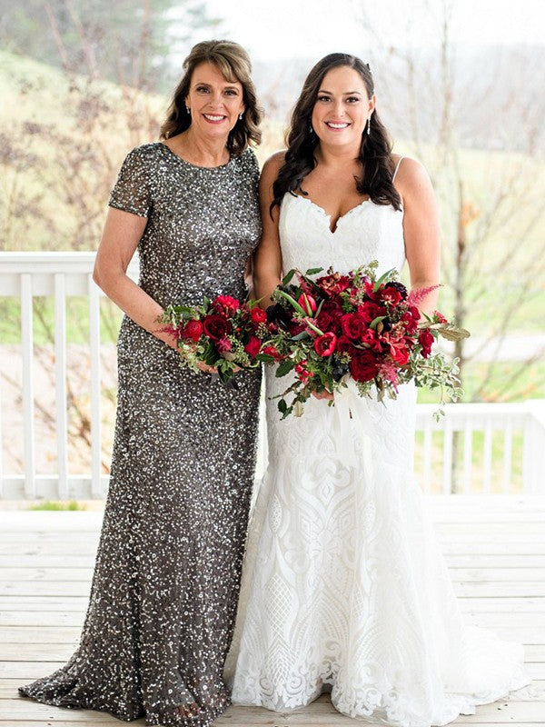 Steel Grey Sheath/Column Sequins Scoop Short Sleeves Sweep/Brush Train Mother of the Bride Dresses