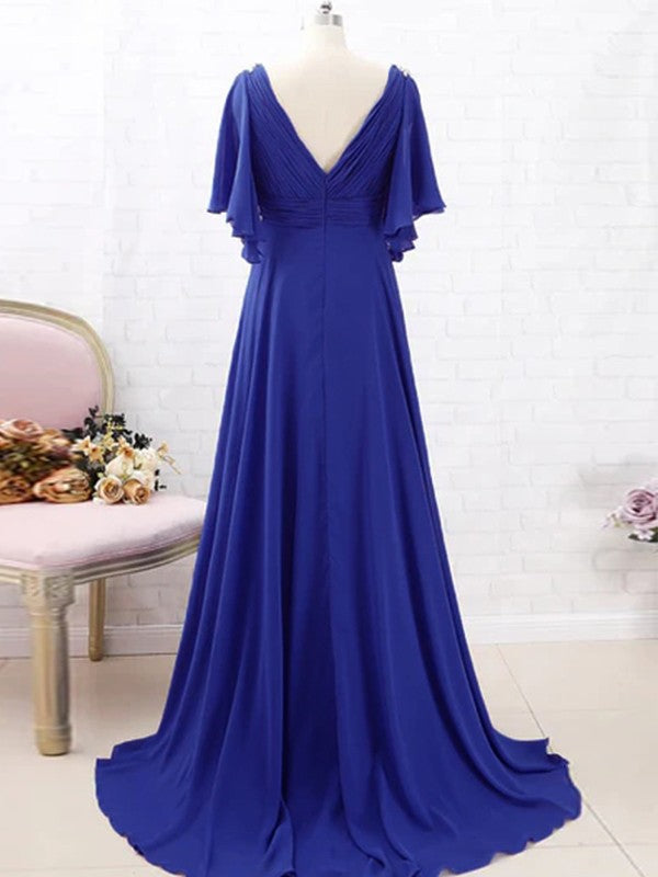 A-Line Chiffon Beading V-neck Short Sleeves Sweep/Brush Train Mother of the Bride Dresses