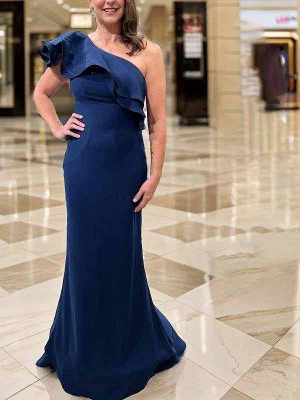 Sheath Stretch Crepe Ruffles One-Shoulder Sleeveless Sweep/Brush Train Mother of the Bride Dresses