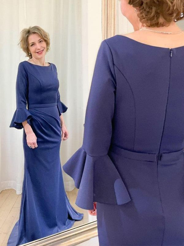 Sheath Ruched Scoop 3/4 Sleeves Sweep/Brush Train Mother of the Bride Dresses