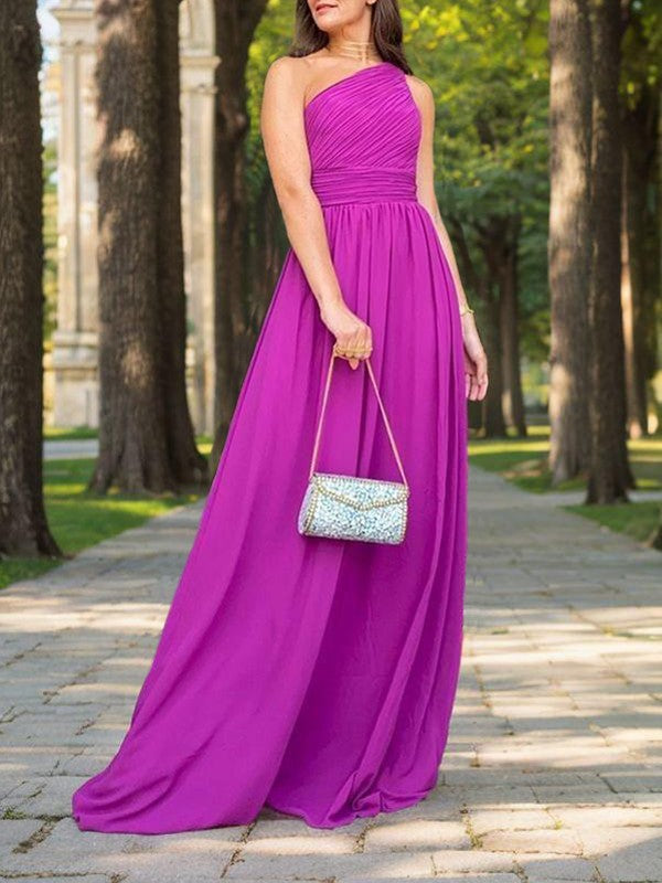 A-Line Chiffon Ruched One-Shoulder Sleeveless Floor-Length Mother of the Bride Dresses
