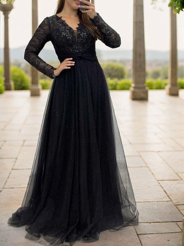 A-Line Tulle Applique V-neck Long Sleeves Floor-Length Mother of the Bride Dresses