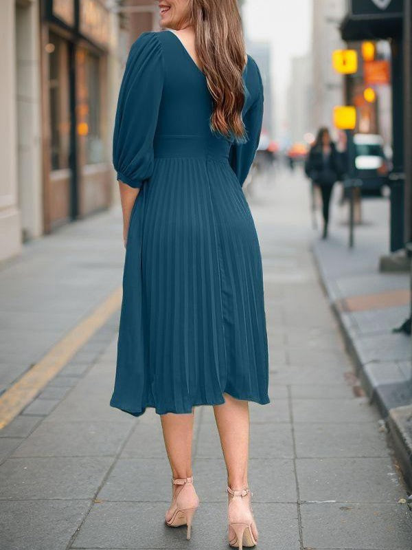 A-Line Chiffon Ruched V-neck 3/4 Sleeves Tea-Length Mother of the Bride Dresses