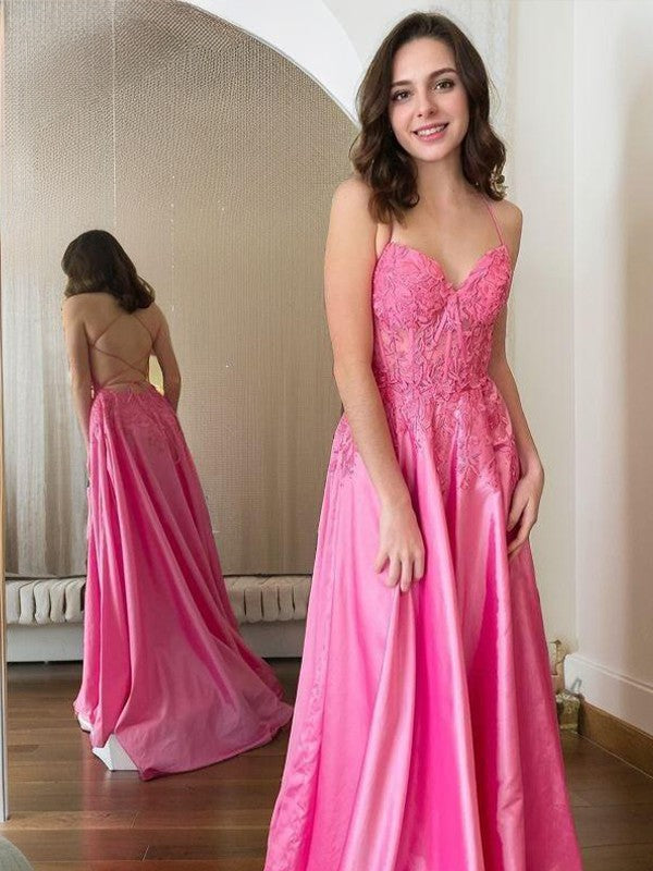 A-Line/Princess Taffeta Applique Spaghetti Straps Sleeveless Sweep/Brush Train Corset Dresses