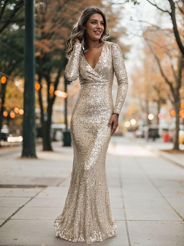 Sheath/Column Sequins Sequin V-neck Long Sleeves Floor-Length Prom Dresses Formal Dresses
