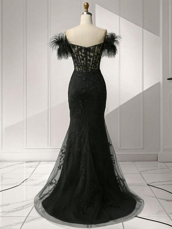 Sheath/Column Tulle Feather Off-the-Shoulder Sleeveless Sweep/Brush Train Corset Dresses