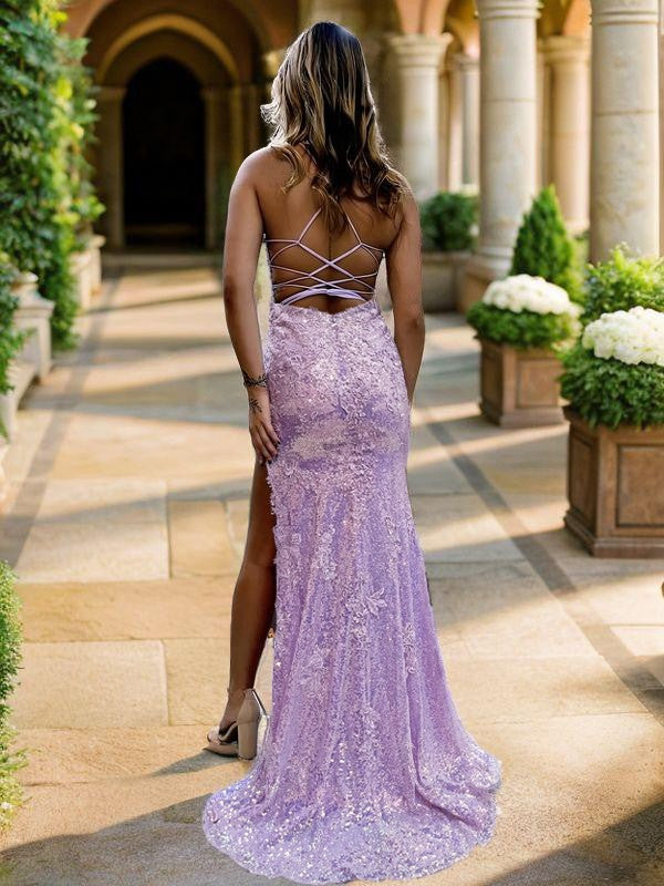 Sheath/Column Sequins Applique Spaghetti Straps Sleeveless Sweep/Brush Train Corset Prom Dresses Formal Dresses