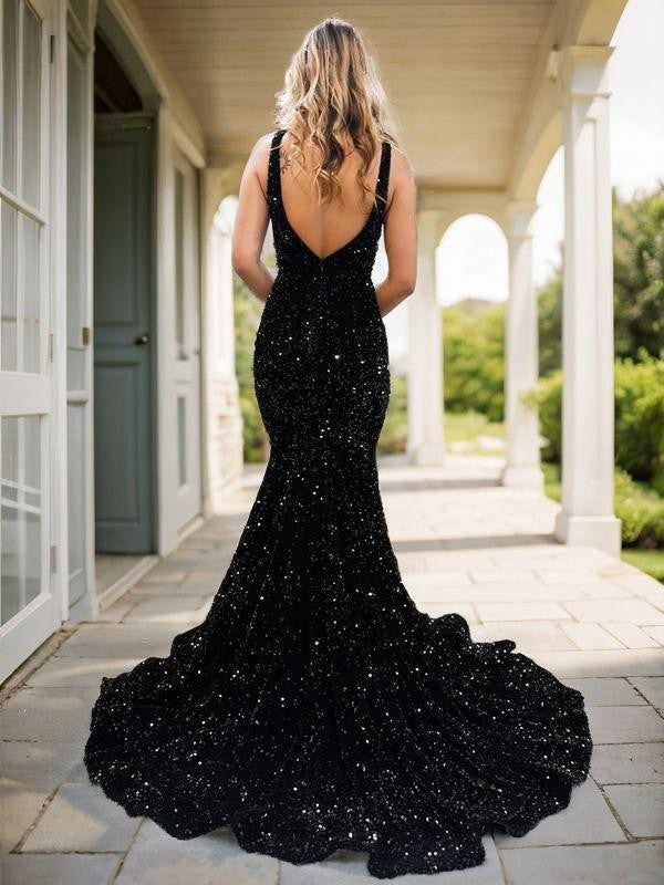 Trumpet/Mermaid Velvet Sequins Sequin V-neck Sleeveless Sweep/Brush Train Dresses