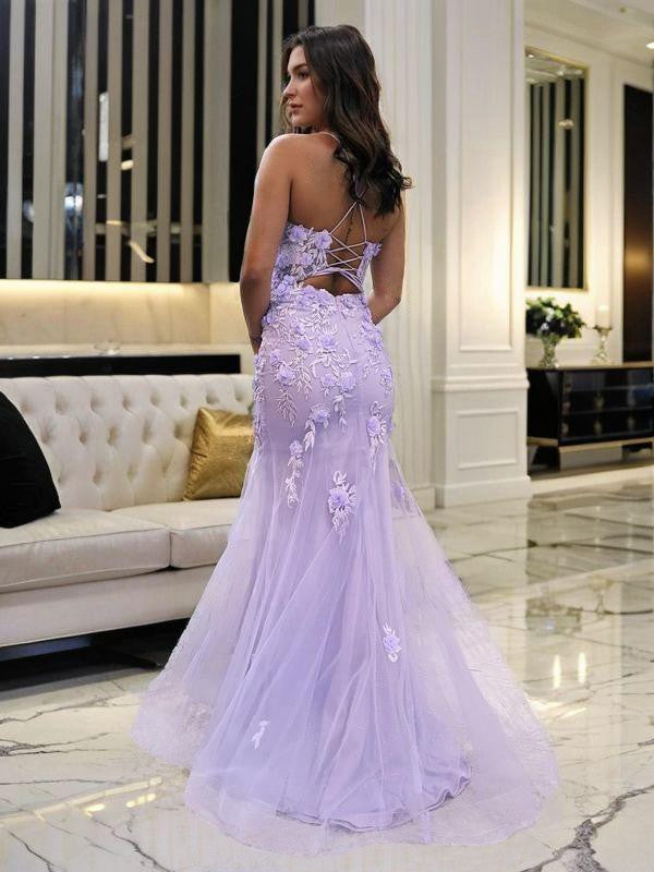 Sheath/Column Tulle Applique Spaghetti Straps Sleeveless Sweep/Brush Train Corset Dresses