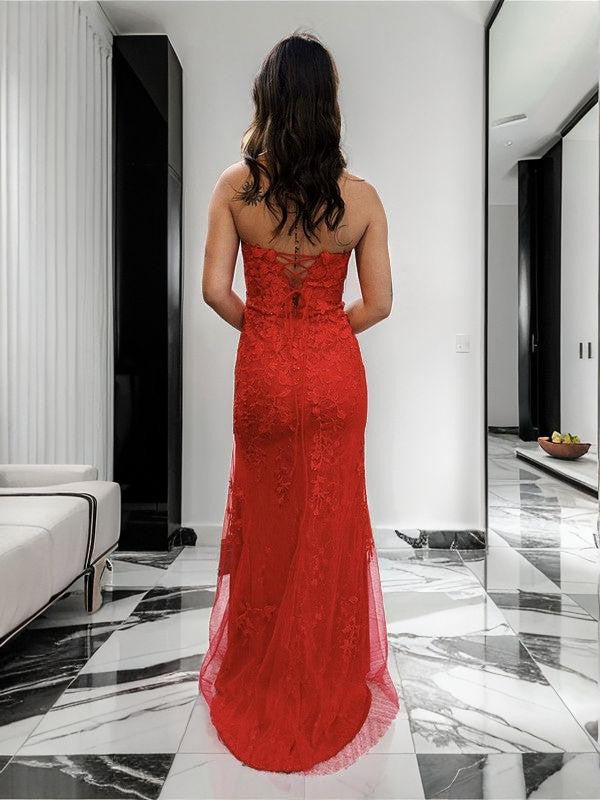 Sheath/Column Tulle Applique Strapless Sleeveless Sweep/Brush Train Prom Dresses Formal Dresses