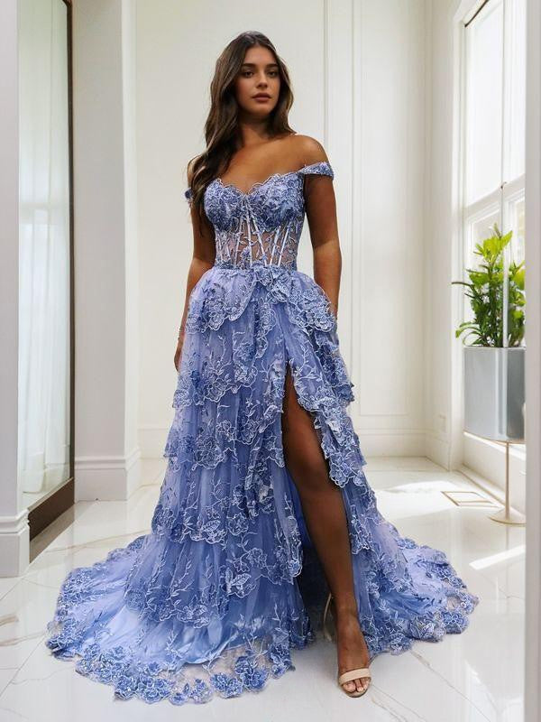 A-Line/Princess Tulle Applique Off-the-Shoulder Sleeveless Sweep/Brush Train Corset Dresses