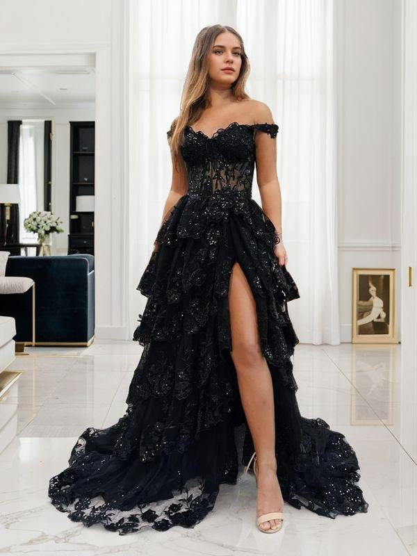 A-Line/Princess Tulle Applique Off-the-Shoulder Sleeveless Sweep/Brush Train Corset Dresses