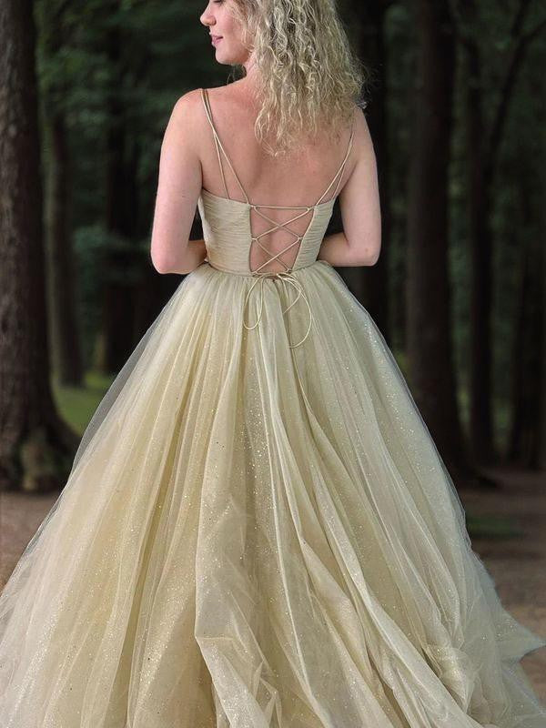 A-Line/Princess Tulle Ruched V-neck Sleeveless Floor-Length Dresses