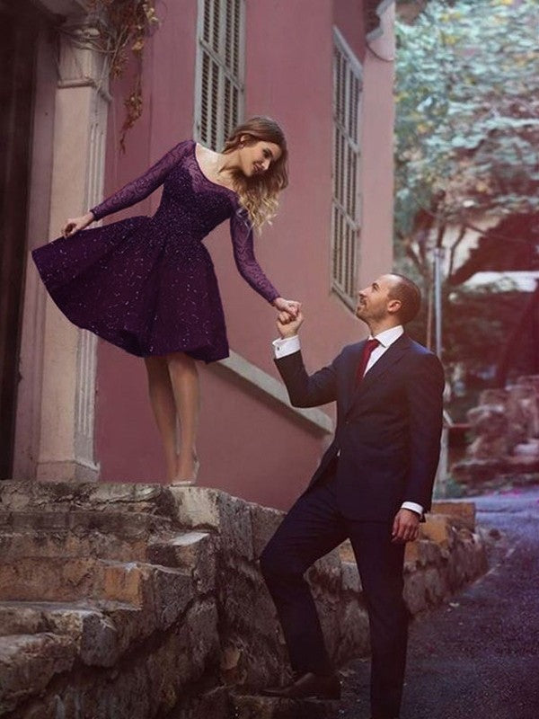 A-Line/Princess Long Sleeves Scoop Paillette Lace Short/Mini Dresses